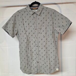 Free Planet Mens Grey Flamingo Palm Tree Print Short Sleeve Button Down Shirt